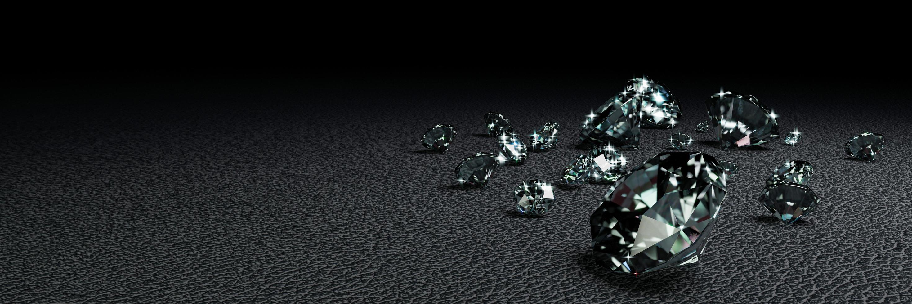 3d renderização de muitos diamantes de tamanho na superfície cinza escura foto