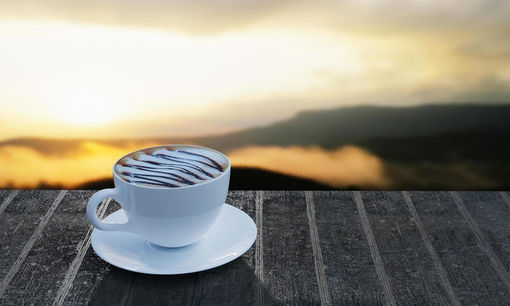 café latte art, espuma de leite coberta com calda de chocolate em uma caneca branca na mesa de ripas, o fundo é uma imagem desfocada da montanha. pela manhã e sol. renderização em 3D foto