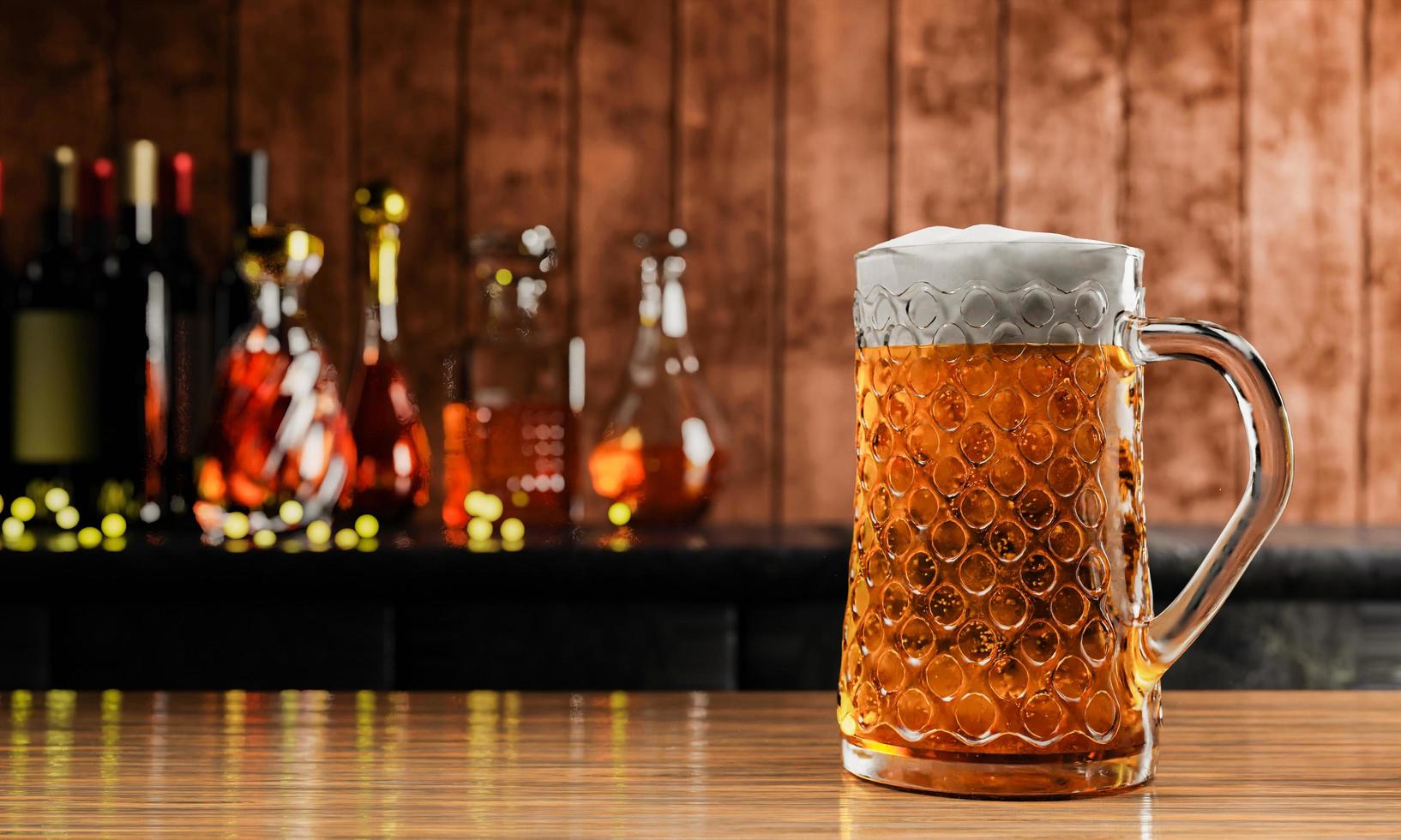 chope ou cerveja artesanal em copo alto e transparente. com vapor frio, espuma de cerveja branca colocada sobre um piso de madeira, atrás do fundo é uma garrafa de vinho, uísque, conhaque no restaurante ou bar. renderização em 3D foto