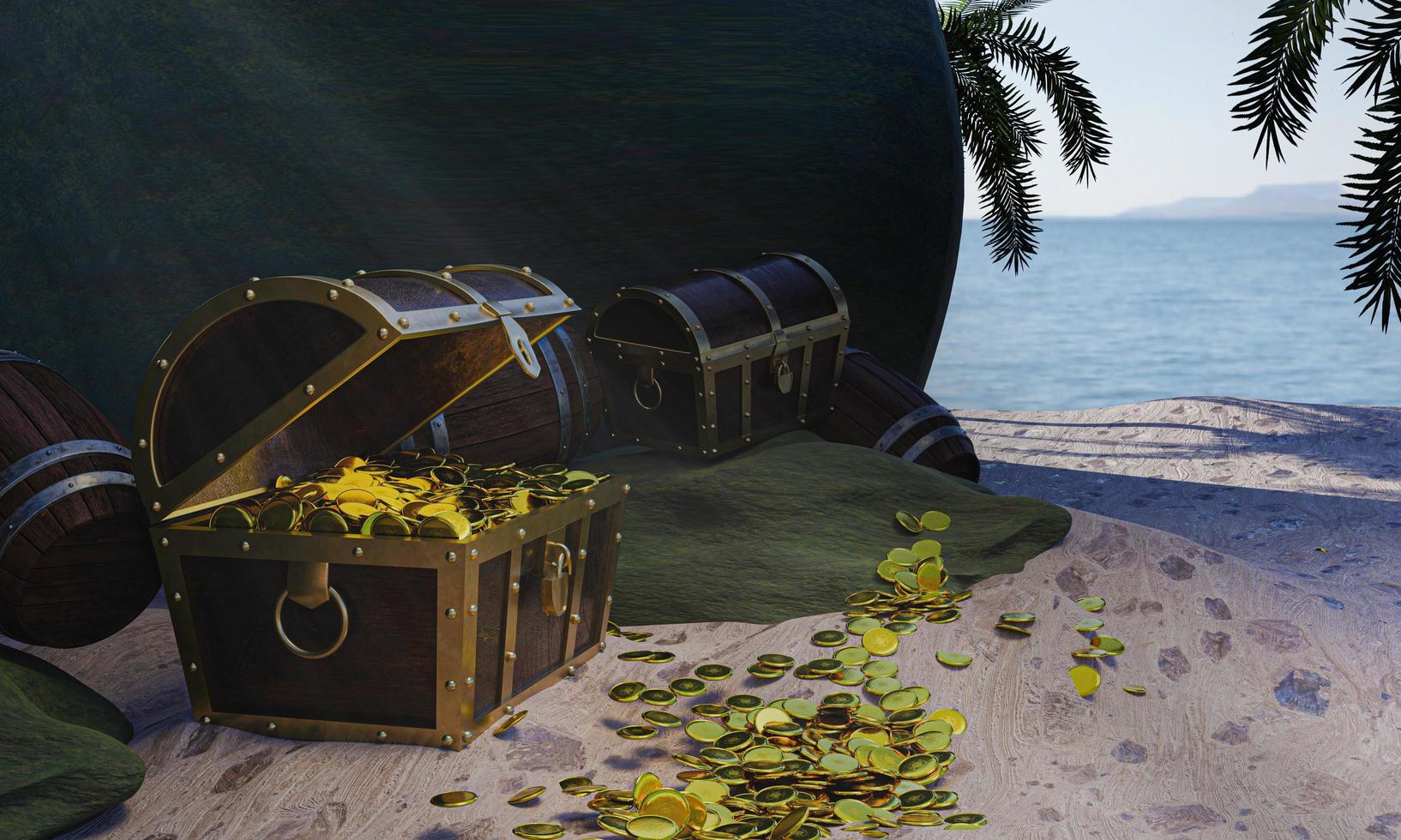 moedas de ouro são espalhadas de caixas ou baús de tesouro. baú de tesouro de madeira colocado na praia em uma ilha deserta no tema do tesouro pirata. renderização em 3D foto