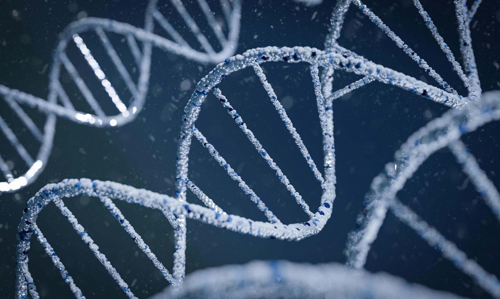 estruturas espirais de molécula de DNA em abstrato azul escuro. conceito de biologia, ciência e tecnologia médica. ilustração 3D e renderização foto