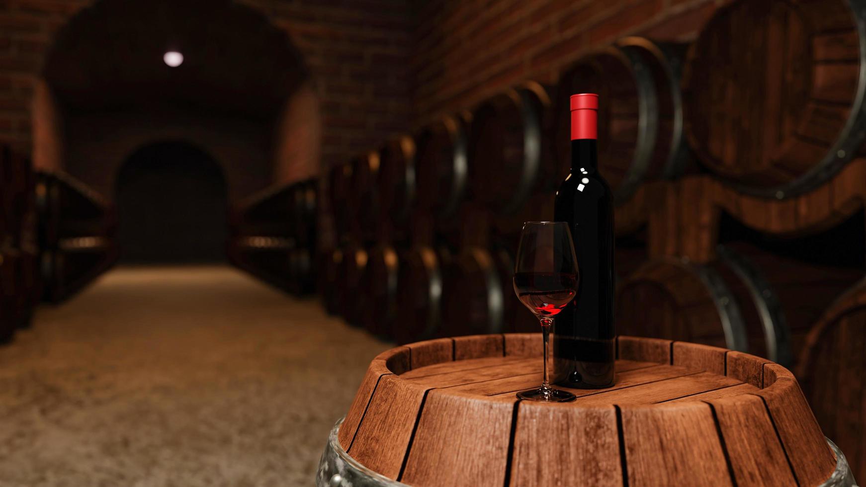 garrafa de vinho tinto e vidro transparente com vinho tinto colocado em um tanque de fermentação com muitos tanques de fermentação de vinho colocados perto da parede de tijolos vermelhos. renderização em 3D foto