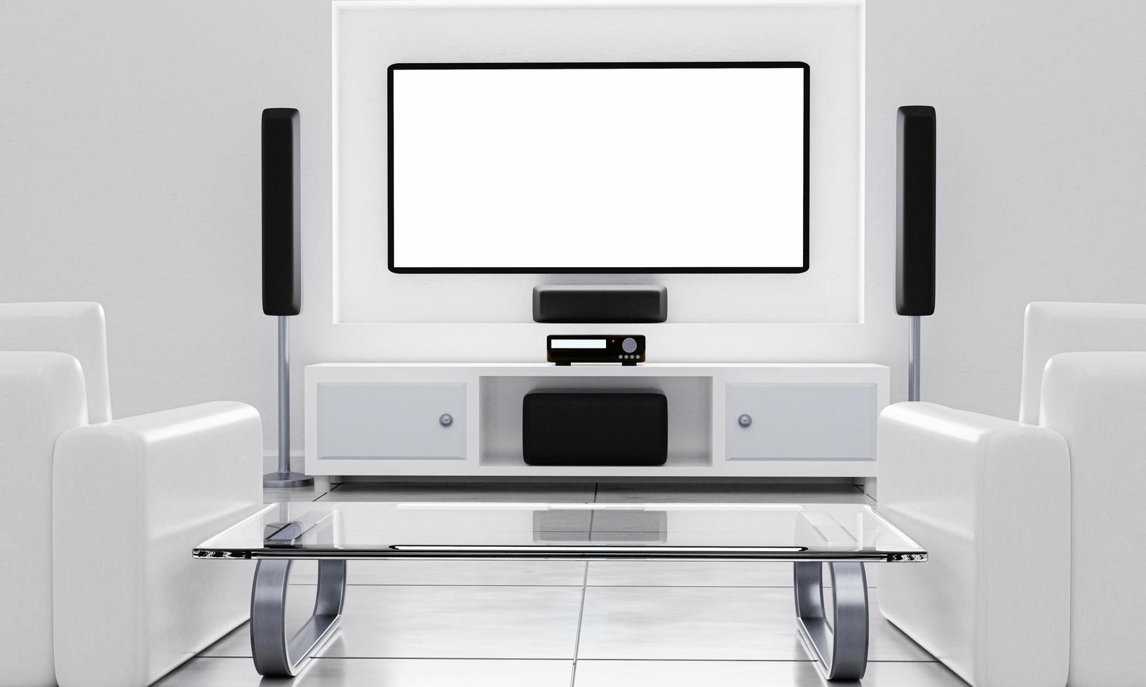 home theater e tela de tv na sala. TV de tela de parede grande e uso de equipamentos de áudio para mini home theater com sistema de alto-falantes surround no piso de mármore branco da sala. renderização 3D. foto