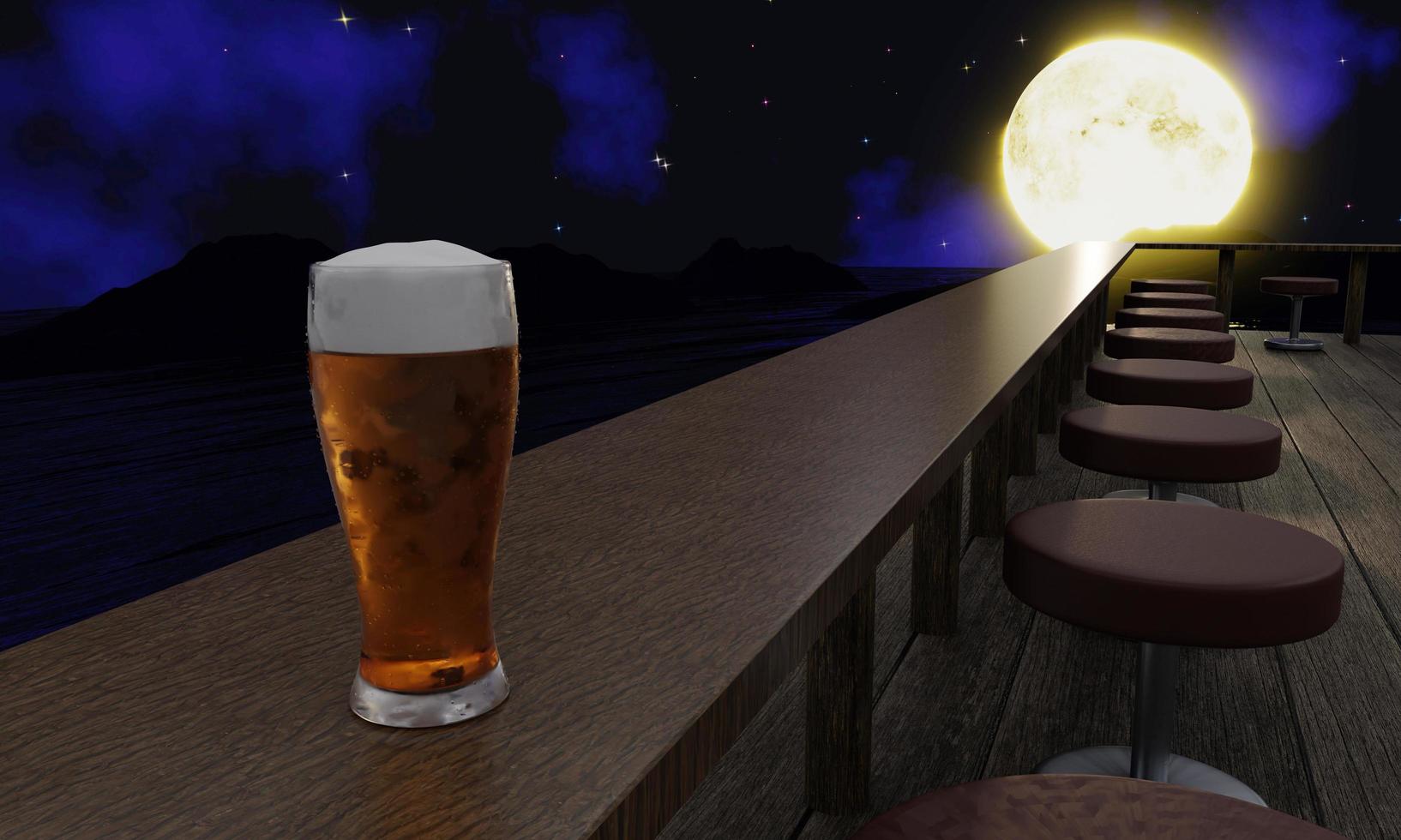 a cerveja no copo é colocada em uma longa mesa de madeira no terraço à beira-mar. a lua cheia estrelou no céu. reflexão sobre o mar ou oceano. restaurante ou balneário. renderização 3D. foto