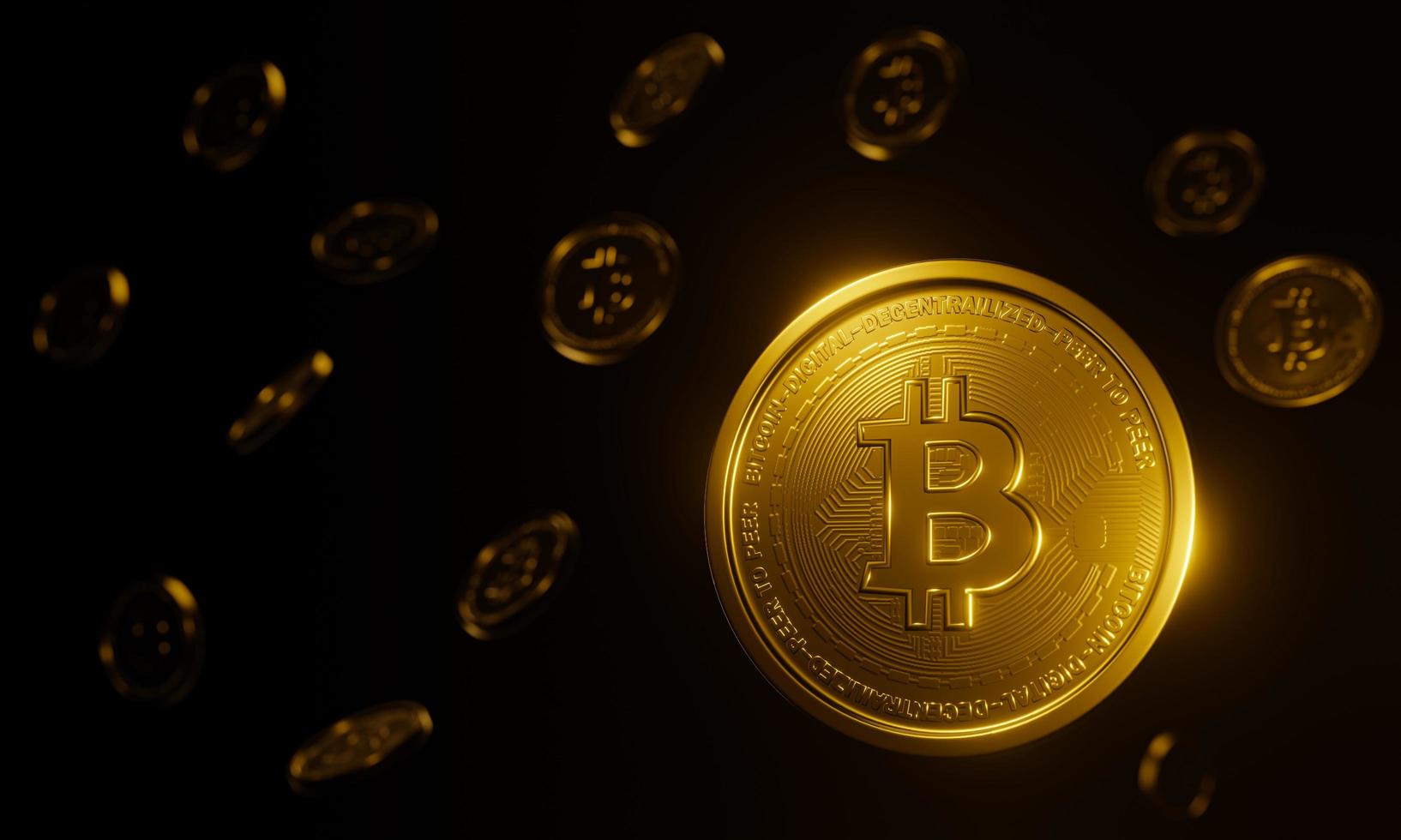 bitcoin cai. moeda de ouro com símbolo de criptomoeda ou taxa de câmbio. criptomoedas para negociação em negócios e tecnologia. luz dourada é refletida da moeda em fundo preto. renderização em 3D foto