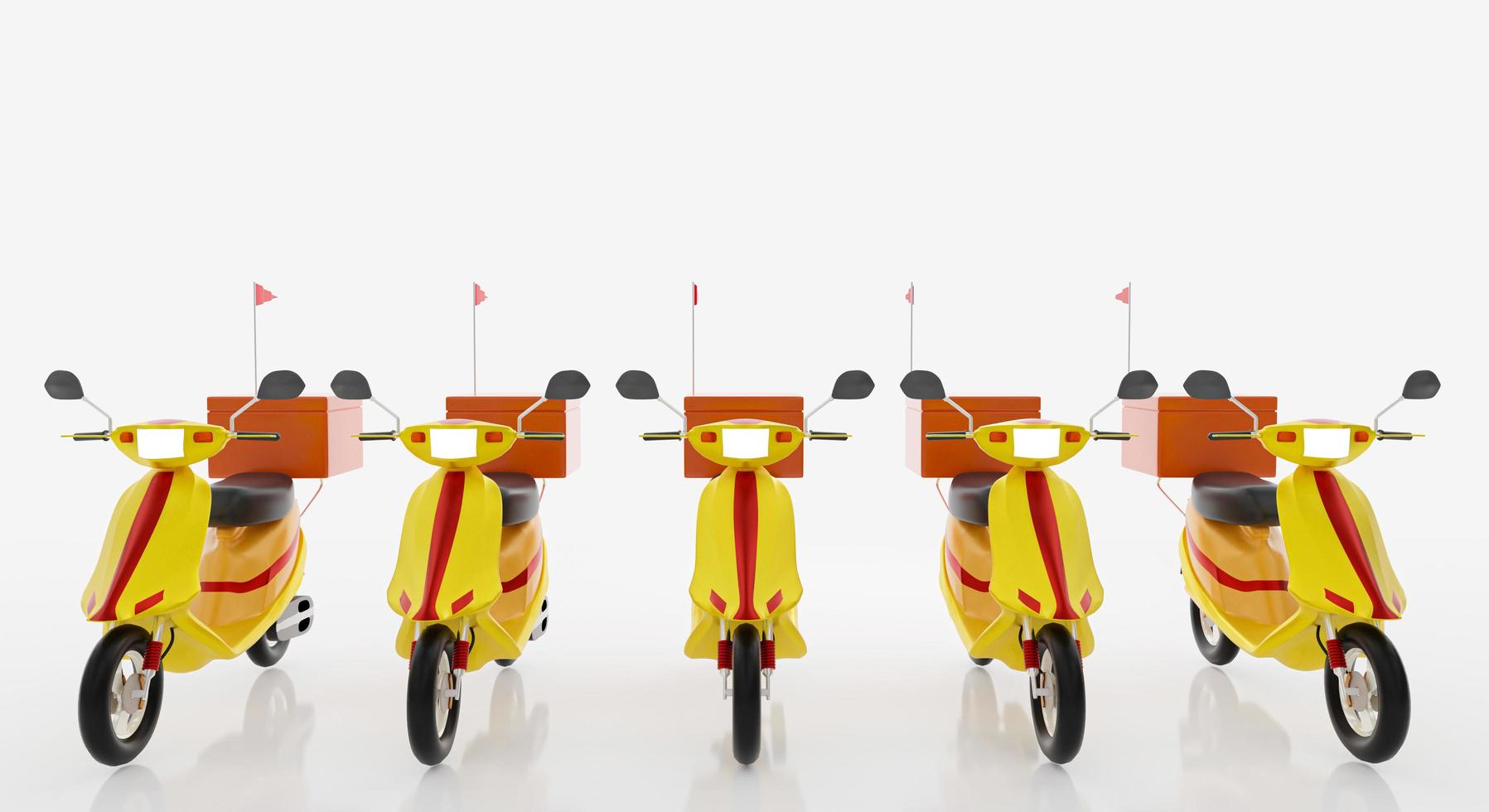 motocicleta modelo amarela com caixa laranja e frag vermelho para entrega de comida de conceito. isolado no fundo branco e papel de parede. renderização 3D. foto