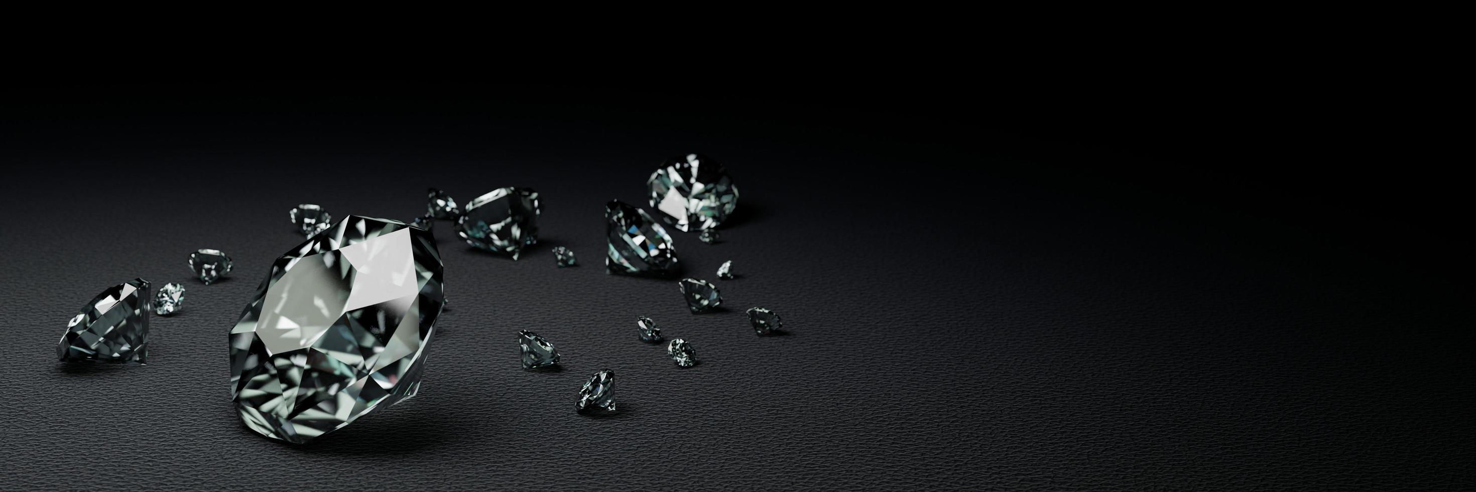 3d renderização de muitos diamantes de tamanho na superfície cinza escura foto