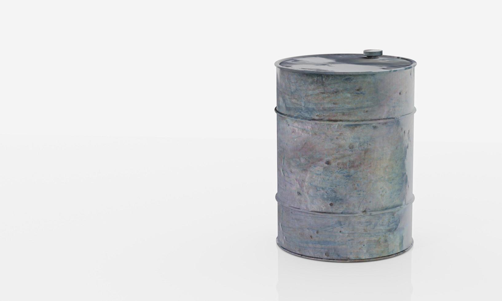 barril de óleo com tambor de óleo enferrujado e vazando. isolado no fundo branco. renderização em 3D foto