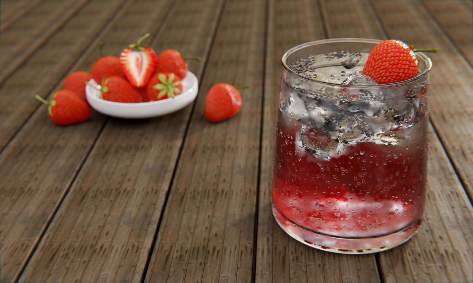 néctar de morango mocktail com refrigerante não mistura álcool. morangos frescos em um copo de cerâmica estão no desfoque de fundo colocado em uma mesa de prancha. renderização em 3D foto