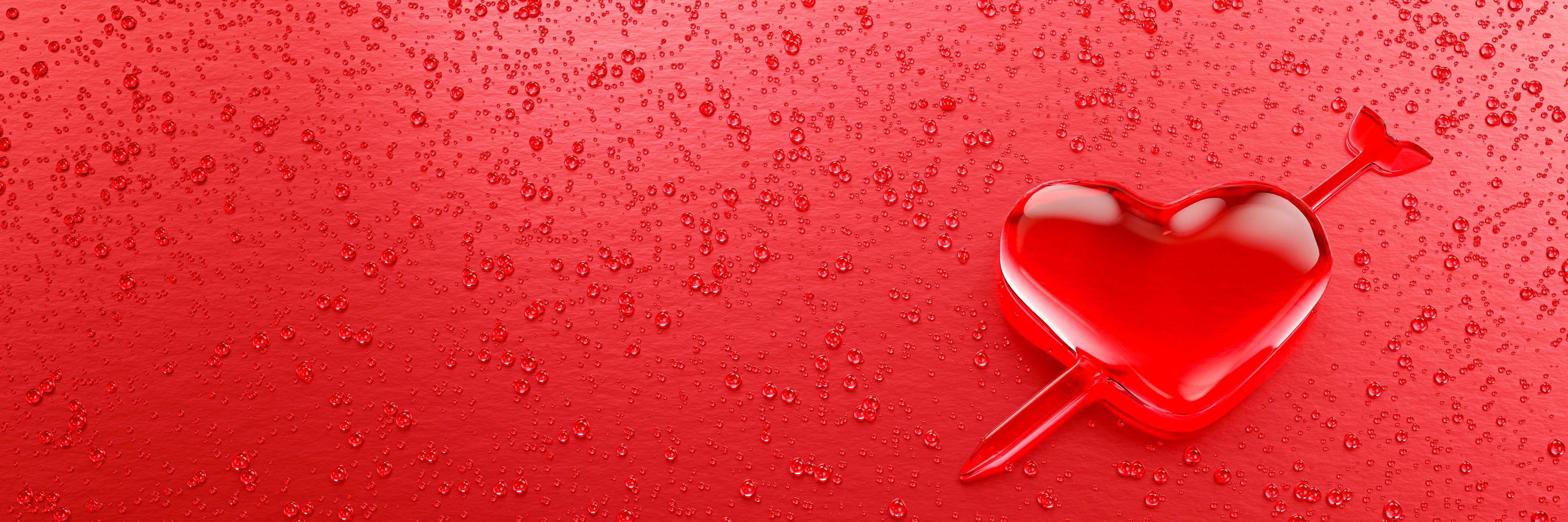 gotas de água em forma de coração com seta bordada no significado do amor. um monte de gotas em superfícies metálicas em tons de rosa e rosa escuro para fundo móvel ou renderização wallpaper.3d. foto