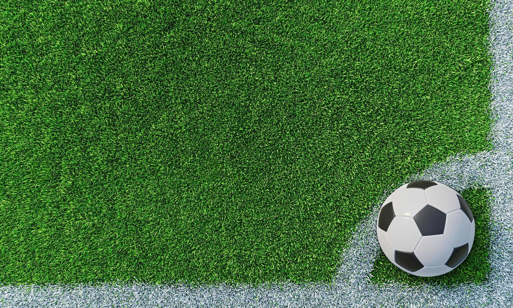 gramado ou campo de futebol com grama verde grossa e macia. uma bola de futebol padronizada padrão colocada para escanteios. campo de futebol de vista superior. fundo ou papel de parede. gramado 3D. renderização 3D. foto