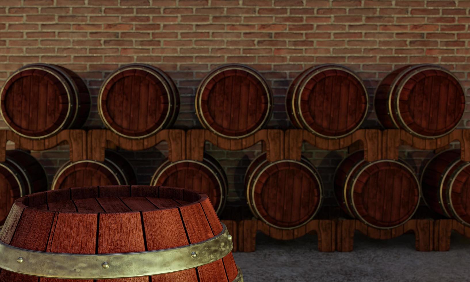 barris de madeira para a fermentação do vinho. espaço para armazenar vários tanques de fermentação de vinho. a parede de tijolos é vermelho-alaranjada. renderização em 3D foto