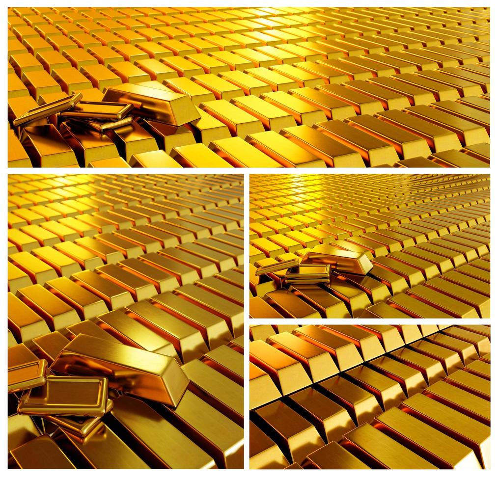 muitas barras de ouro são dispostas e dispostas em fila. transmite linhas de negócios e ouro ou bolsas de valores e luxo. renderização 3D. foto