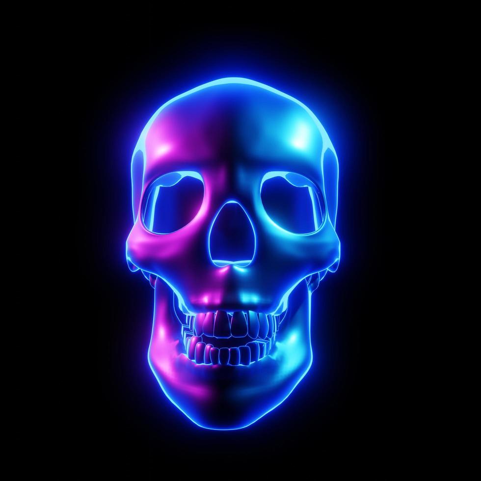 crânio brilhante, multicolorido, tons claros de cyberpunk ou ficção científica ou filme de ficção científica em fundo preto. renderização 3D. foto