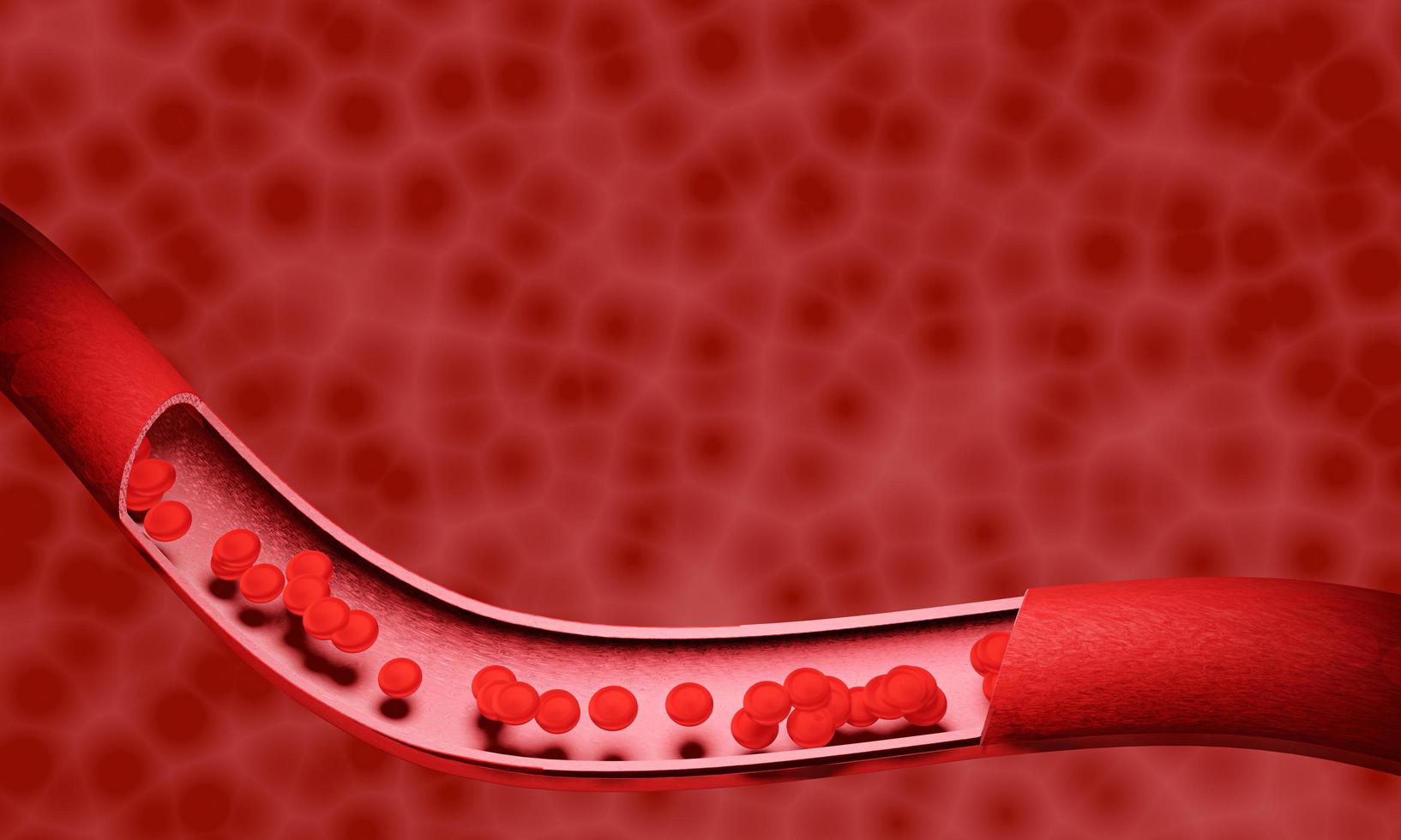 glóbulos vermelhos em uma artéria ou vaso sanguíneo, fluem dentro do corpo, cuidados médicos de saúde humana. renderização 3D. foto