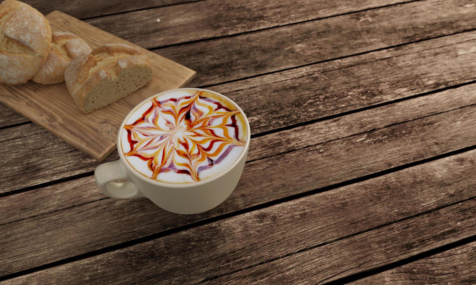 café latte art com calda de chocolate e calda de caramelo na espuma de leite em copo branco. borrão pão caseiro e açougueiro no conceito de café da manhã na mesa de madeira. vista de fundo mountian e nascer do sol foto