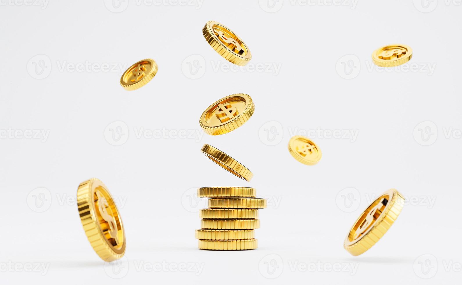 isolamento de moedas de ouro do dólar americano empilhando caindo e voando sobre fundo branco para investimento e conceito de economia de depósito por renderização 3d. foto