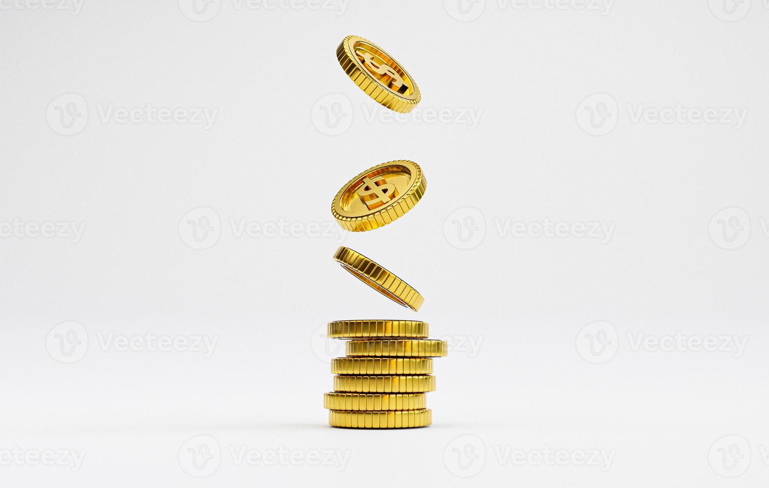 isolamento de moedas de dólar americano dourado caindo e empilhando em fundo branco para investimento e conceito de poupança de depósito por renderização 3d. foto