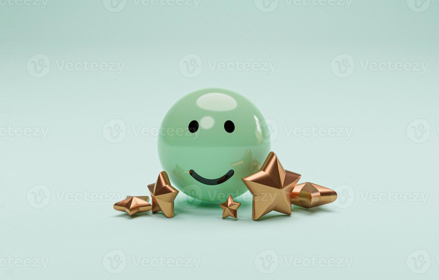rosto de sorriso na bola verde com cinco estrelas douradas para pesquisa de cliente ou cliente e satisfação após o uso do conceito de produto e serviço por renderização 3d. foto