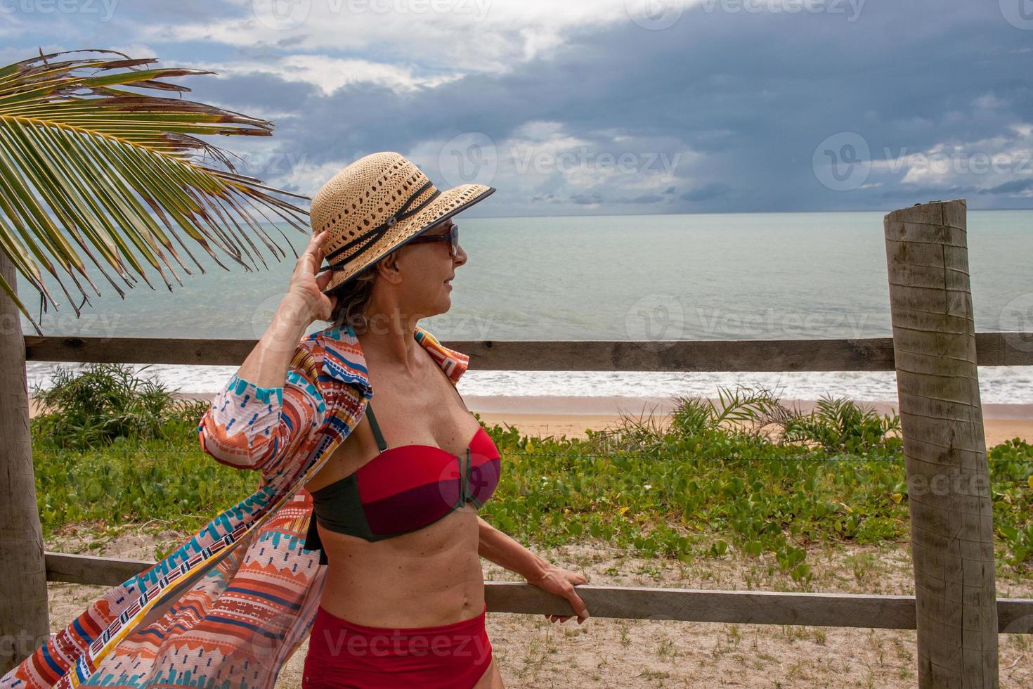 senhora em trajes de banho encostado em uma cerca de madeira perto da praia em caraiva bahia, brasil foto