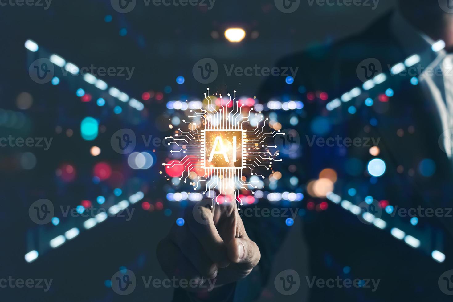 mão usando holograma de ícone de inteligência artificial digital, nova tecnologia de big data e estratégia de processo de negócios. foto