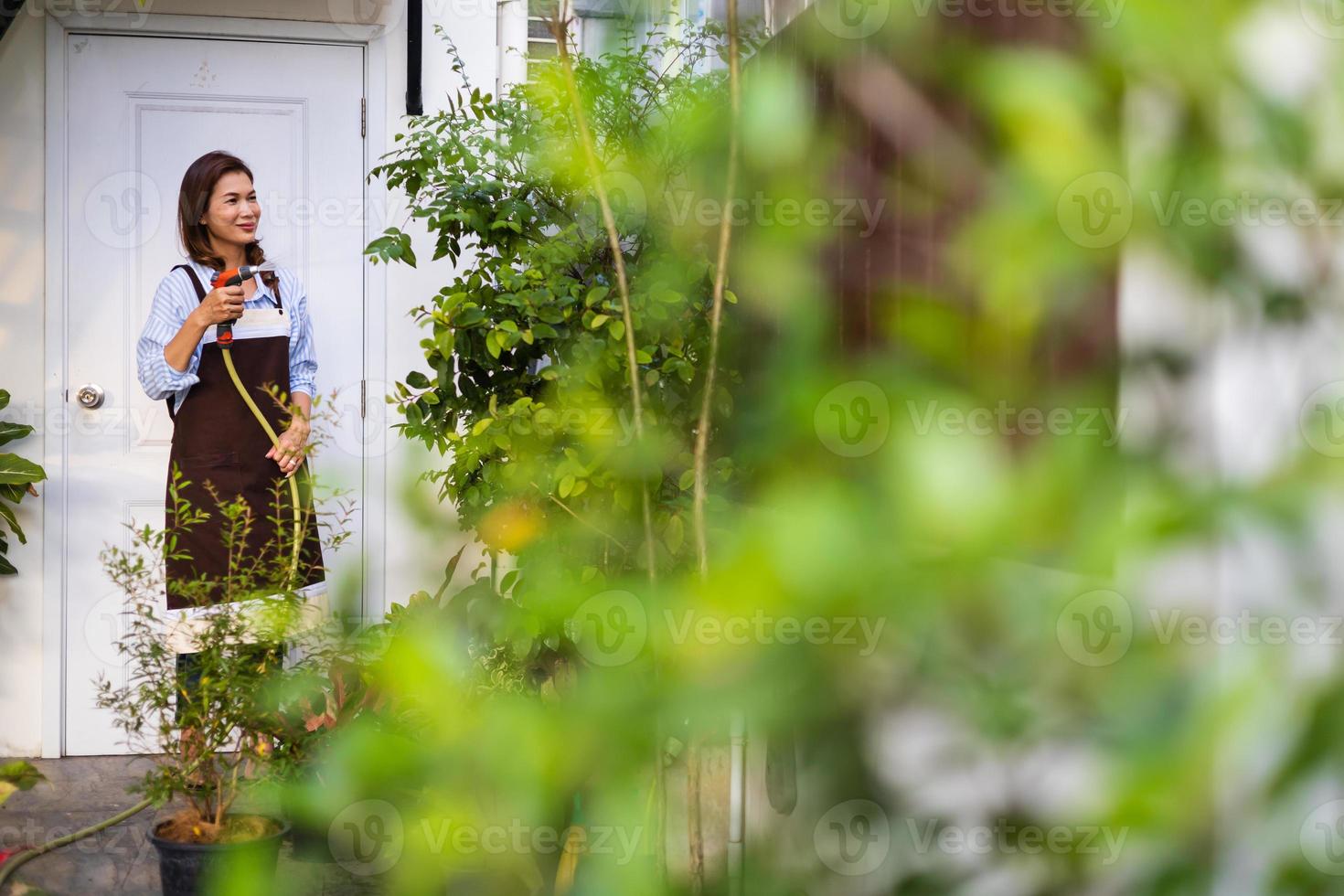 dona de casa asiática adulta vestindo avental em pé segurando o pulverizador de água e regando a planta pequena no pequeno jardim da casa do quintal com felicidade foto