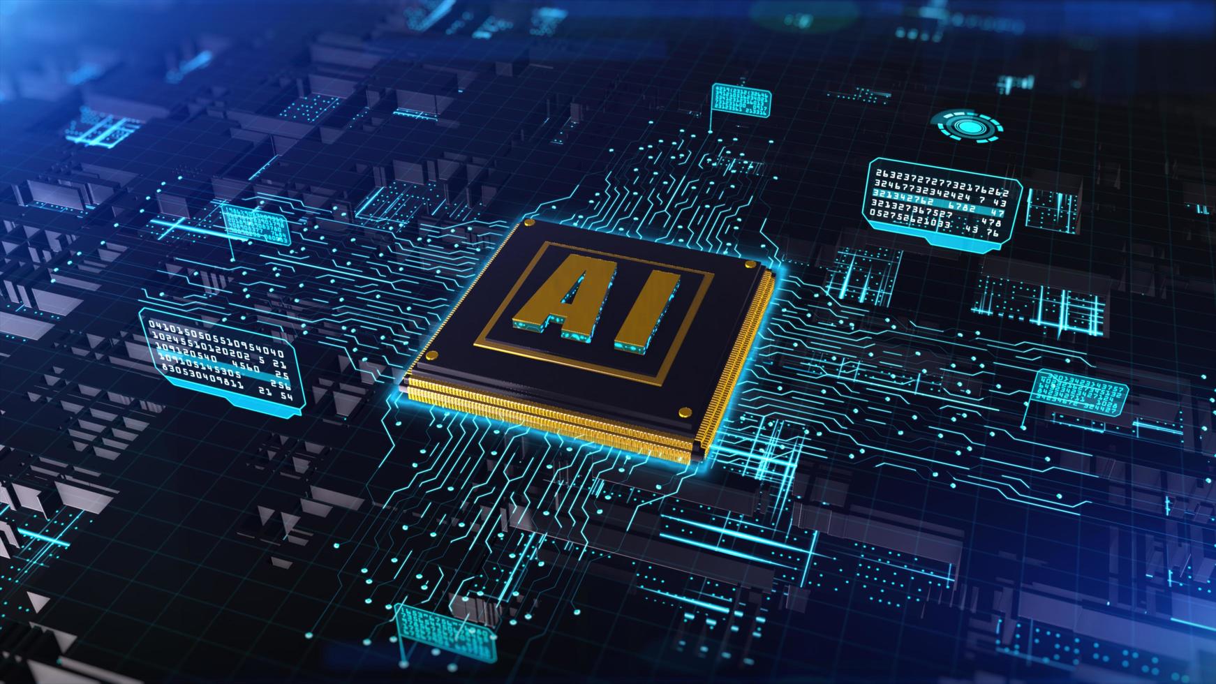 renderização 3D digital de chip de computador sobre fundo de circuito com conceito de inteligência artificial ai, análise de dados de conexão de alta velocidade, fundo digital de tecnologia futura foto