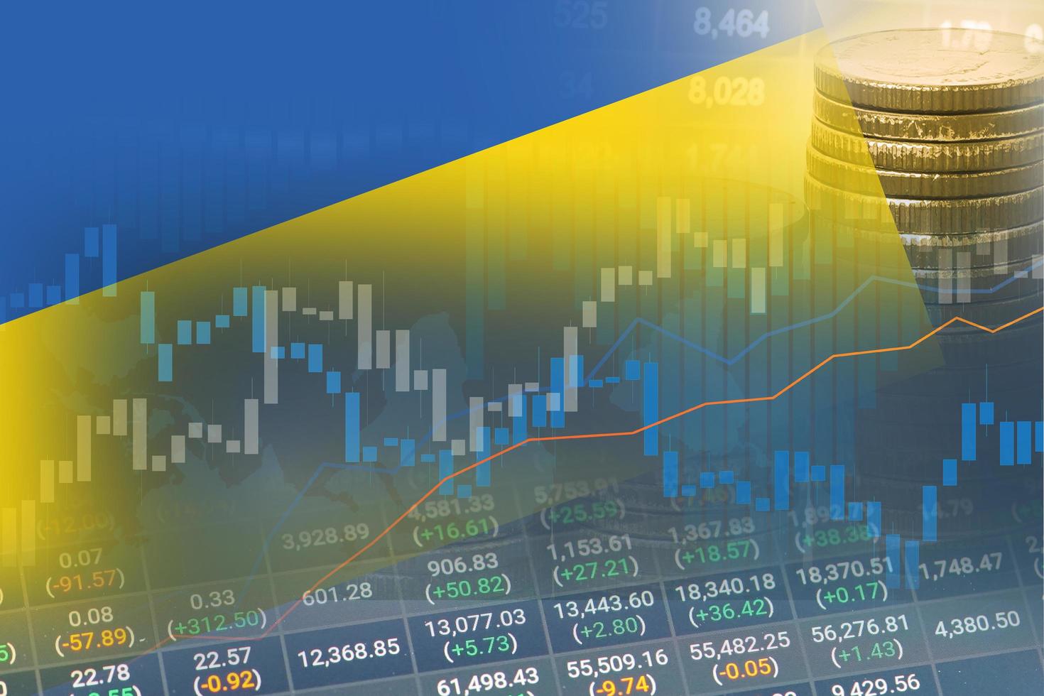 investimento no mercado de ações negociação financeira, moeda e bandeira da ucrânia ou forex para analisar o fundo de dados de tendências de negócios de finanças de lucro. foto