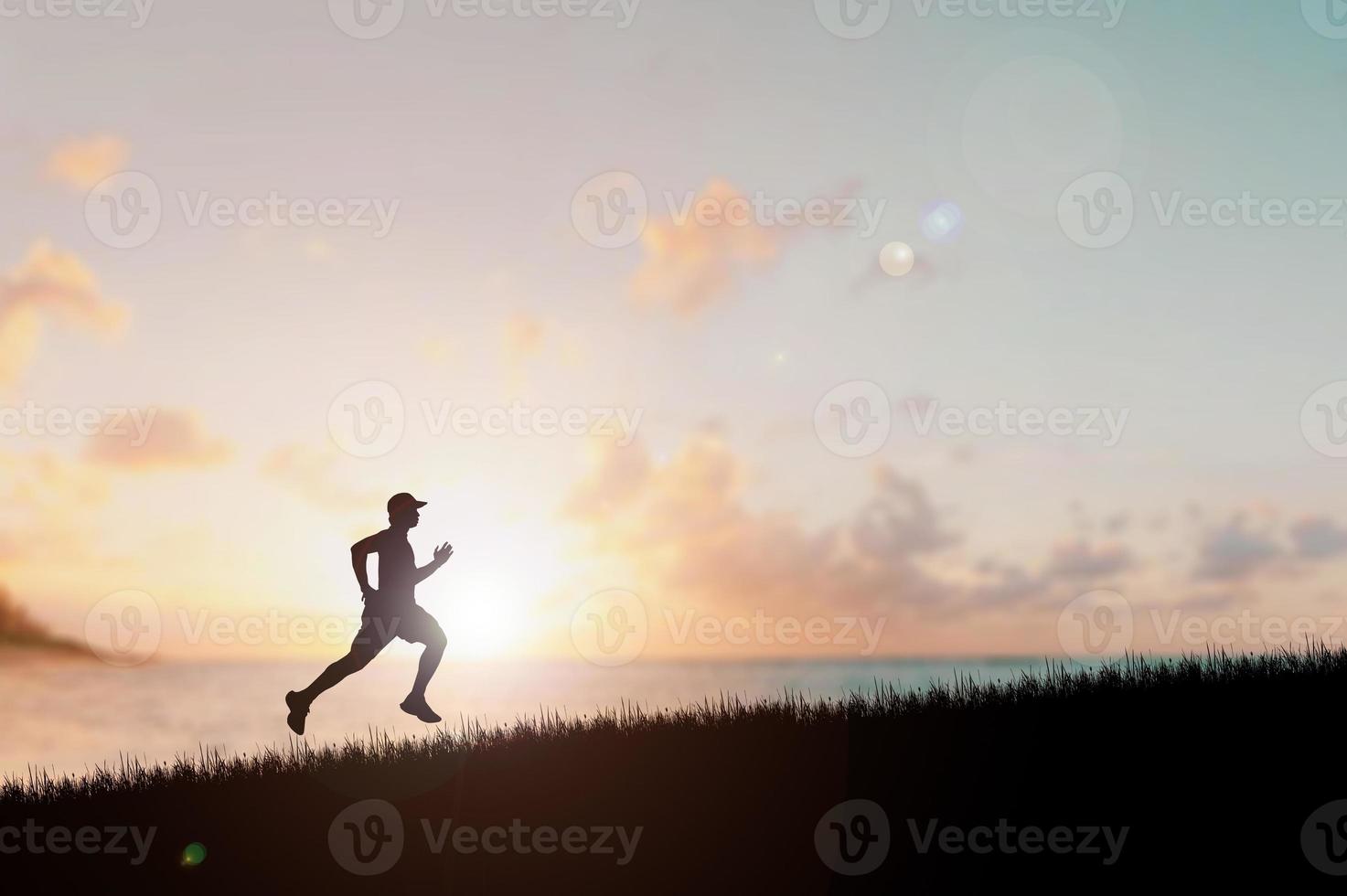 executando a silhueta do homem na hora do sol. silhueta para um corredor treinando à noite. pôr do sol foto