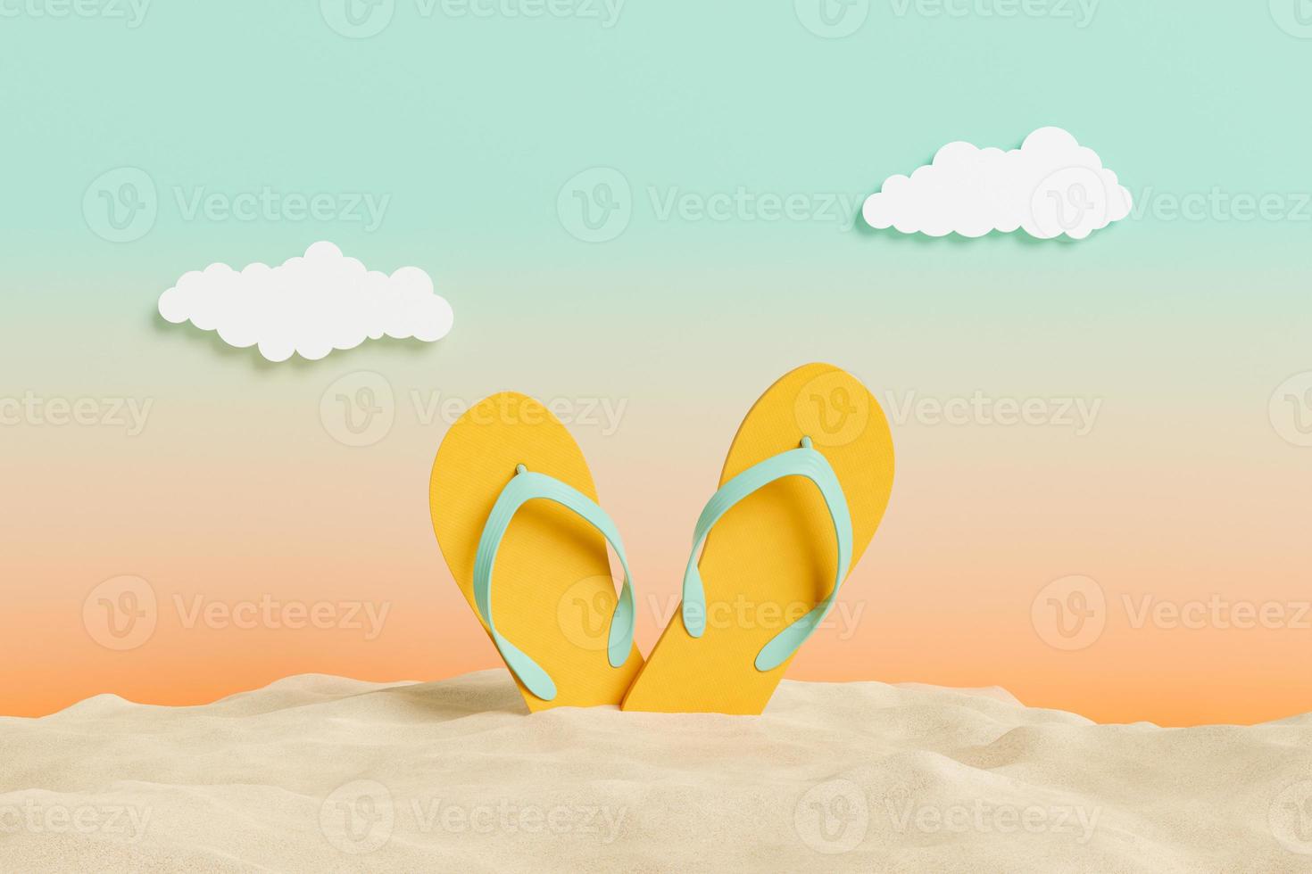 chinelos na areia da praia com fundo de estúdio por do sol foto