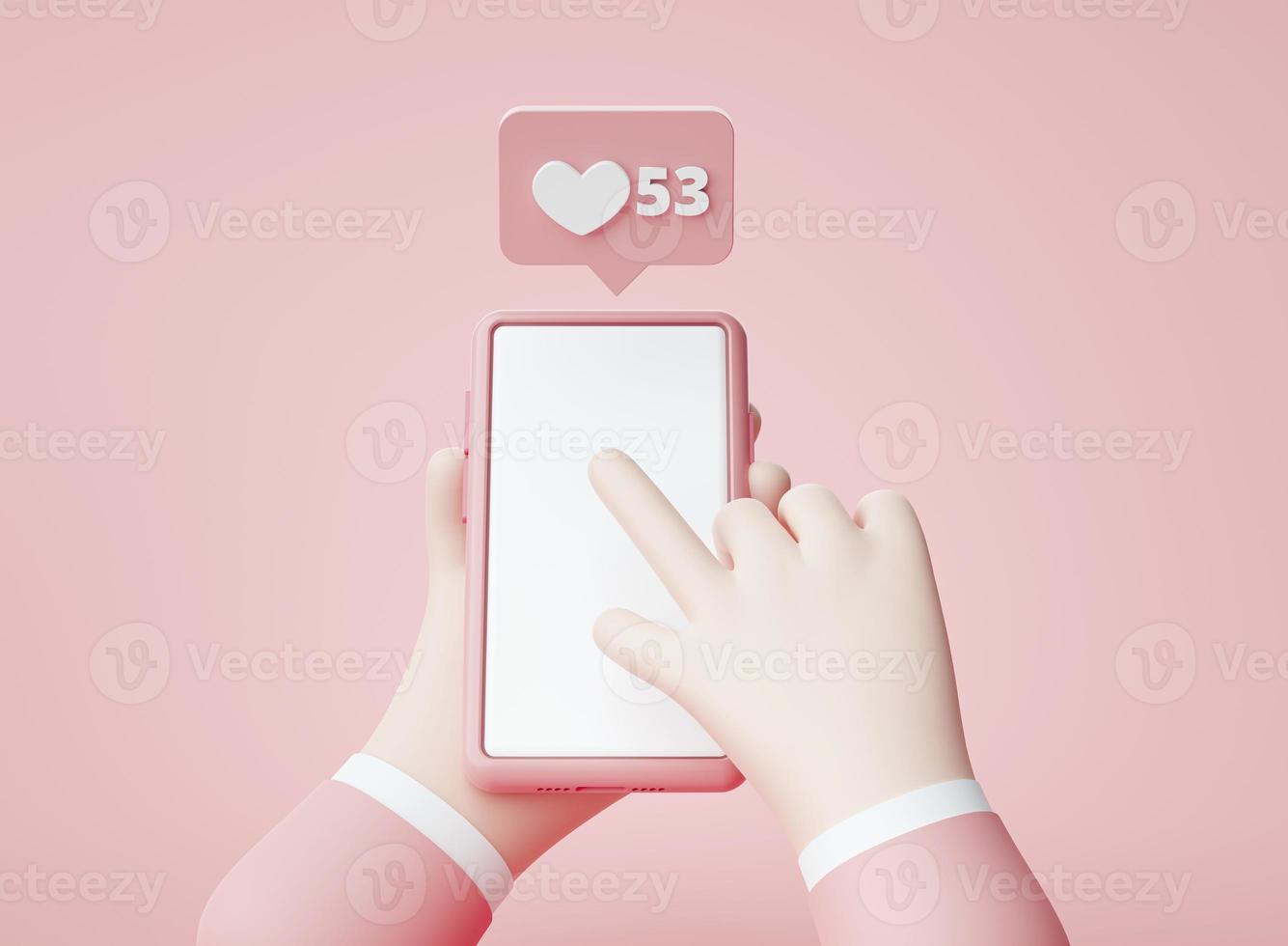 mãos segurando um smartphone em branco bate-papo amor bolhas notificação de alerta aplicativo de desenho animado interface do usuário no fundo rosa ilustração de renderização 3d foto