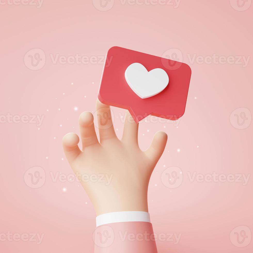 mão alcançando um ícone de notificação de mídia social em forma de coração em bolhas de fala 3d cartoon banner website ui no fundo rosa ilustração de renderização 3d foto