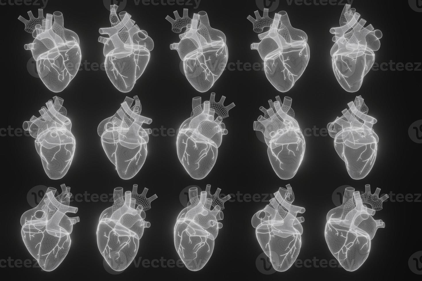 Corações de wireframe 3d renderizam fundos brancos isolados, linhas e triângulos de forma de ícone de coração abstrato, rede de conexão de ponto em fundo azul, renderização 3d foto