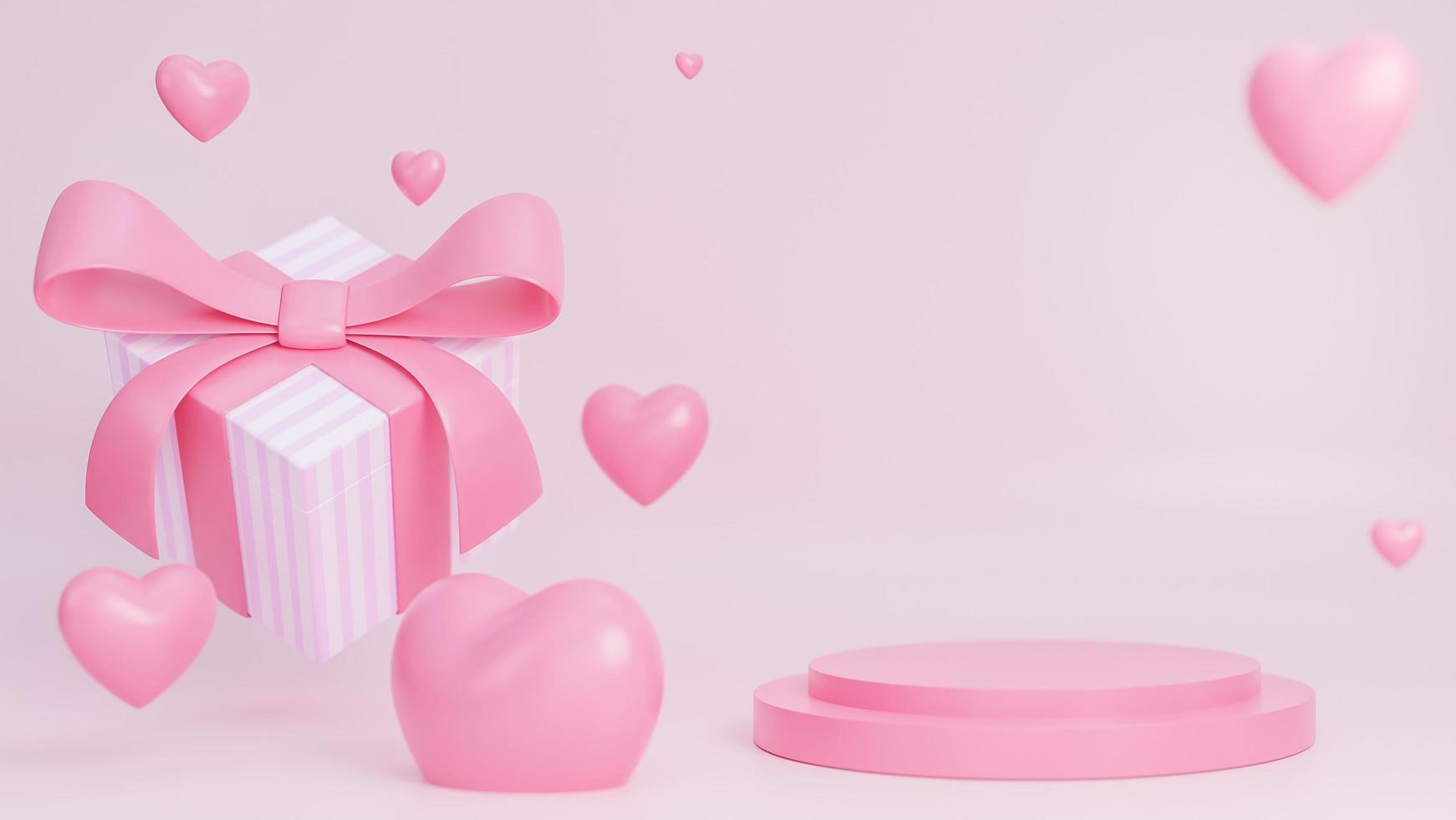 feliz dia dos namorados banner com caixa de presente e corações objetos 3d com pódio para apresentação do produto em fundo rosa., modelo 3d e ilustração. foto