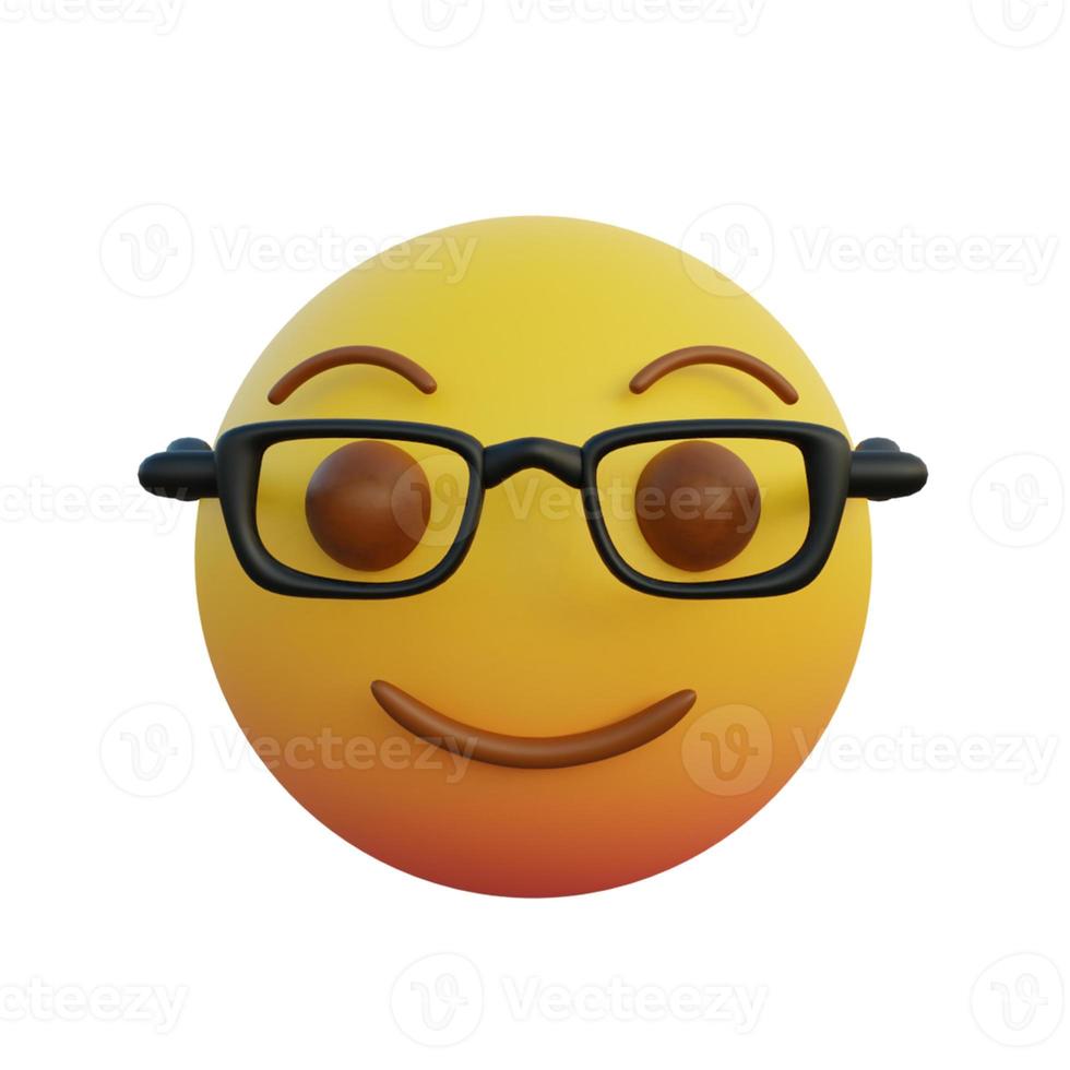 ilustração 3d emoticon de expressão sorridente bonito enquanto usava óculos claros foto