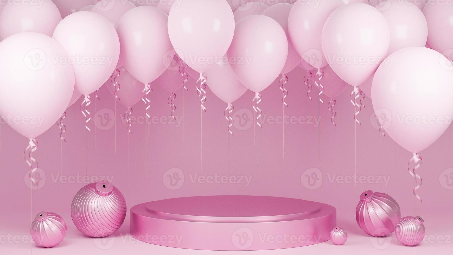 balões rosa flutuando com pódio e ornamento em fundo rosa pastel., festa de aniversário e conceito de ano novo., modelo 3d e ilustração. foto