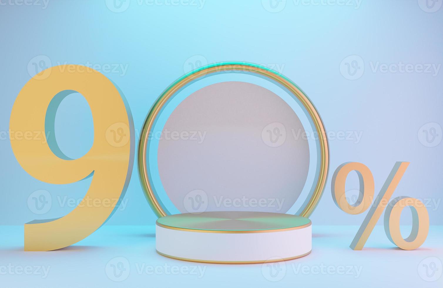 pódio branco e dourado e texto 90 para apresentação do produto e arco dourado na parede branca com estilo de luxo de fundo de iluminação., modelo 3d e ilustração. foto