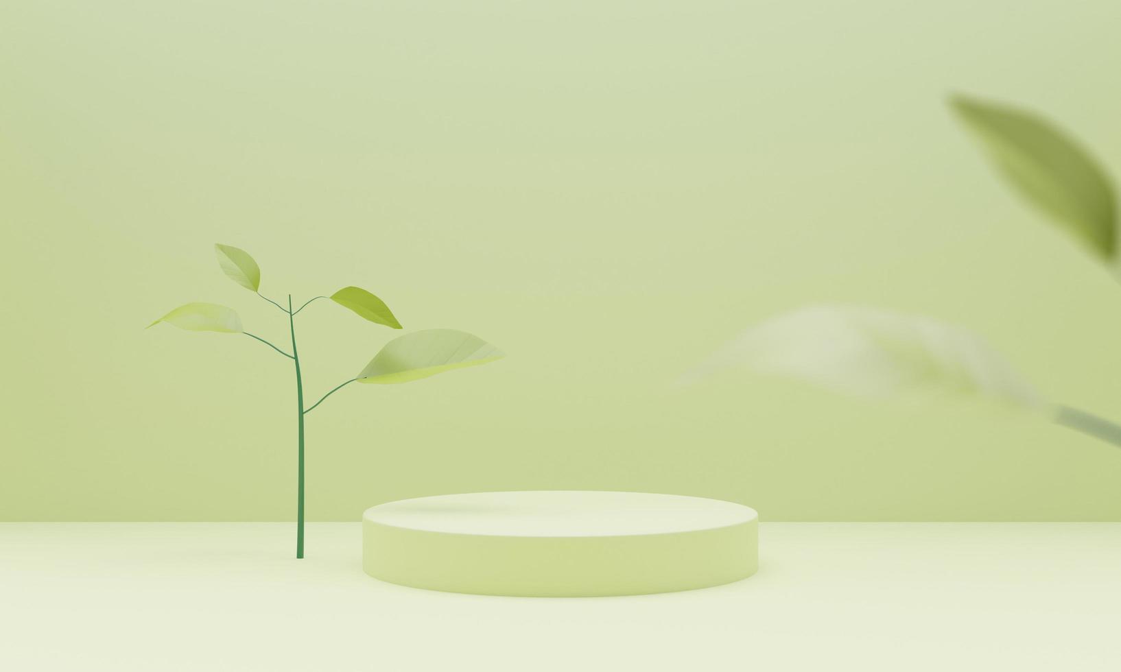 fundo de pódio 3d verde com cilindro geométrico simula o pódio no fundo verde com folhas de plantas verdes. mostra de apresentação do produto, pedestal ou plataforma. ilustração de renderização 3D. foto