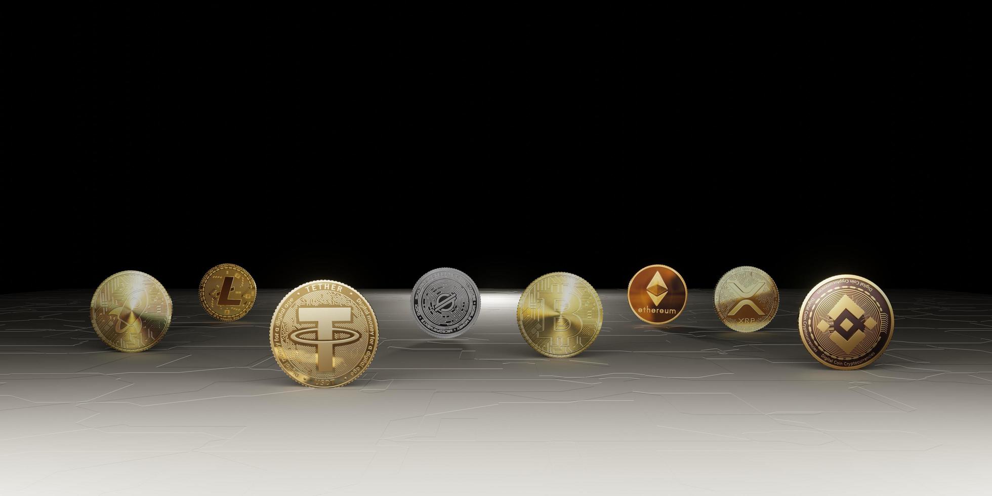 moedas de criptomoeda bitcoin fundo horizonte futurista tecnologia pano de fundo ilustração 3d abstrata moderna foto