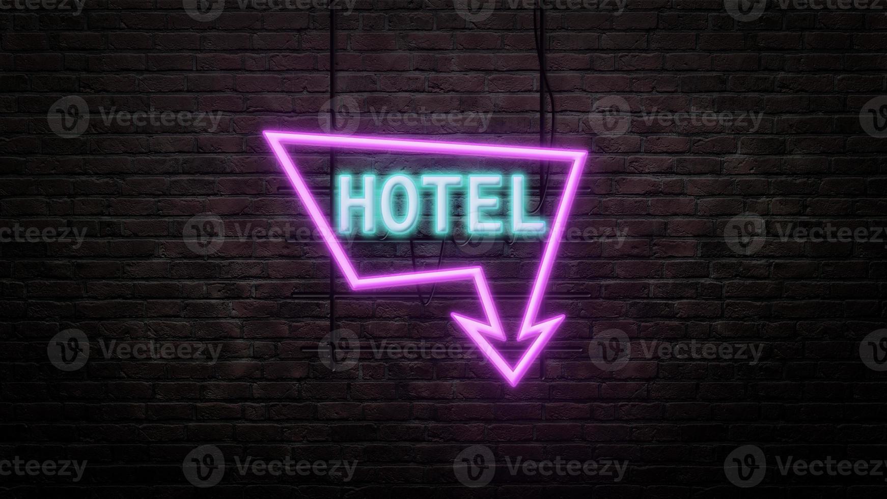 emblema de sinal de hotel em estilo neon no fundo da parede de tijolos foto