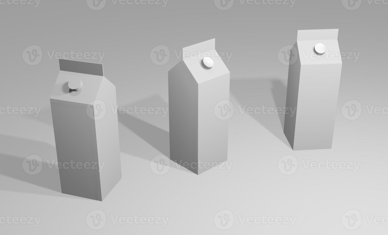 conjunto de maquete de garrafa de leite. Renderização em 3D, coleção de mock up de retângulo de garrafa de bebida, garrafas em posição diferente em uma mesa. conveniente de usar em branding, maquetes, leite, bebidas, sucos e outras bebidas foto