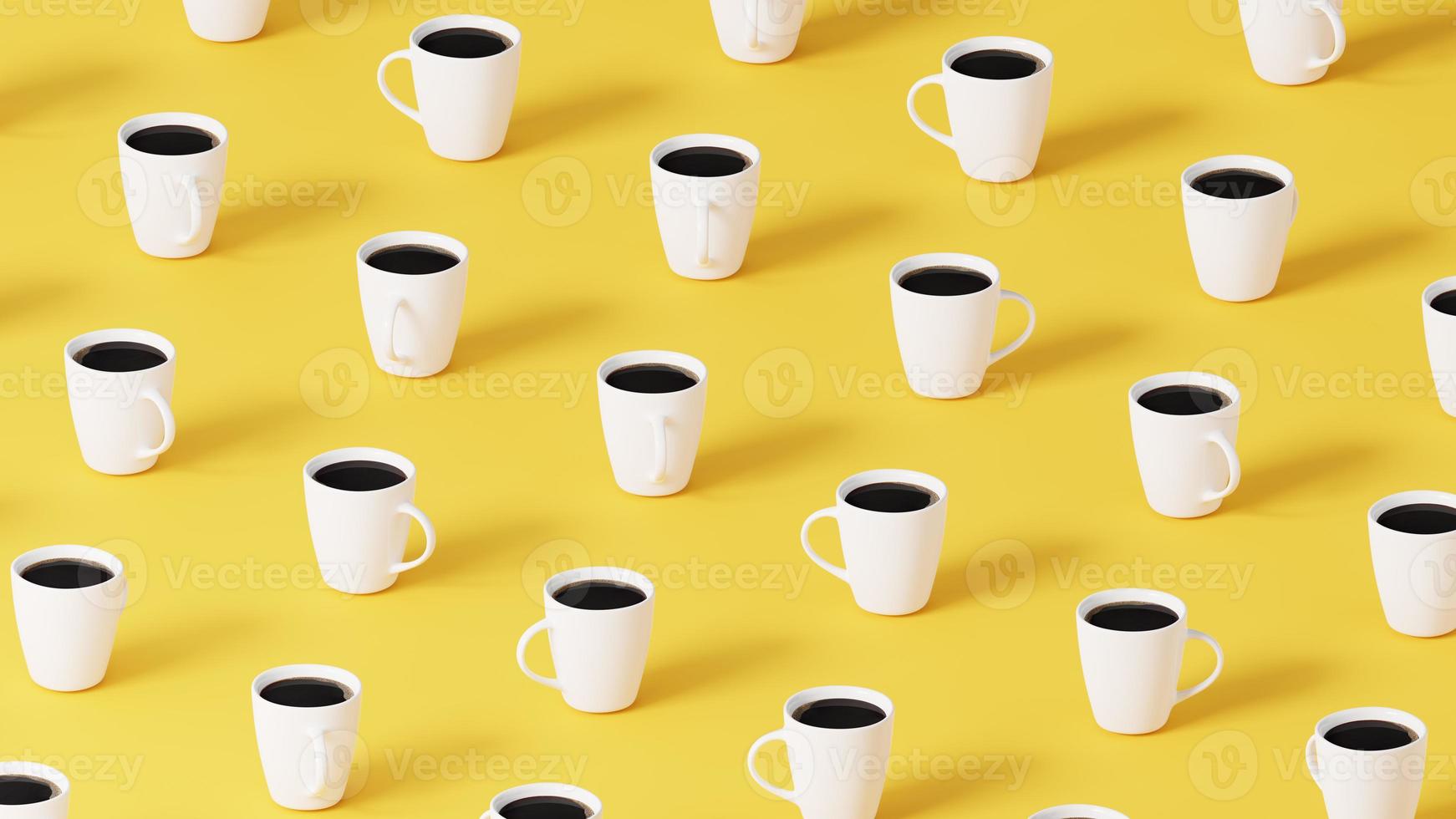 canecas de café. copos de cerâmica branca com bebida quente sobre fundo amarelo. posição isométrica da câmera foto