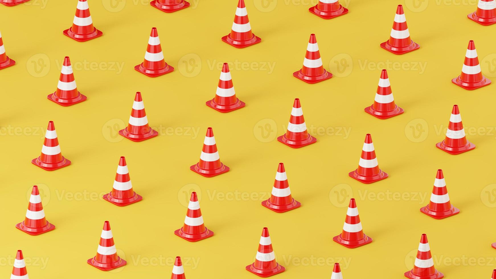 cones de trânsito com listras brancas sobre fundo colorido. posição isométrica da câmera foto