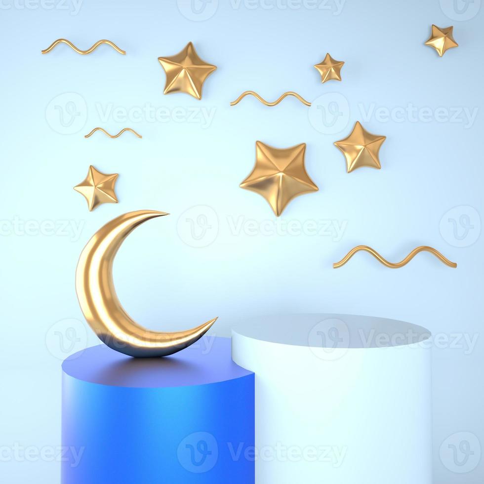 modelo de saudação ramadan kareem com lua. pódio, fique no fundo claro de férias para produtos publicitários - ilustração de renderização 3d para cartões, saudações. foto
