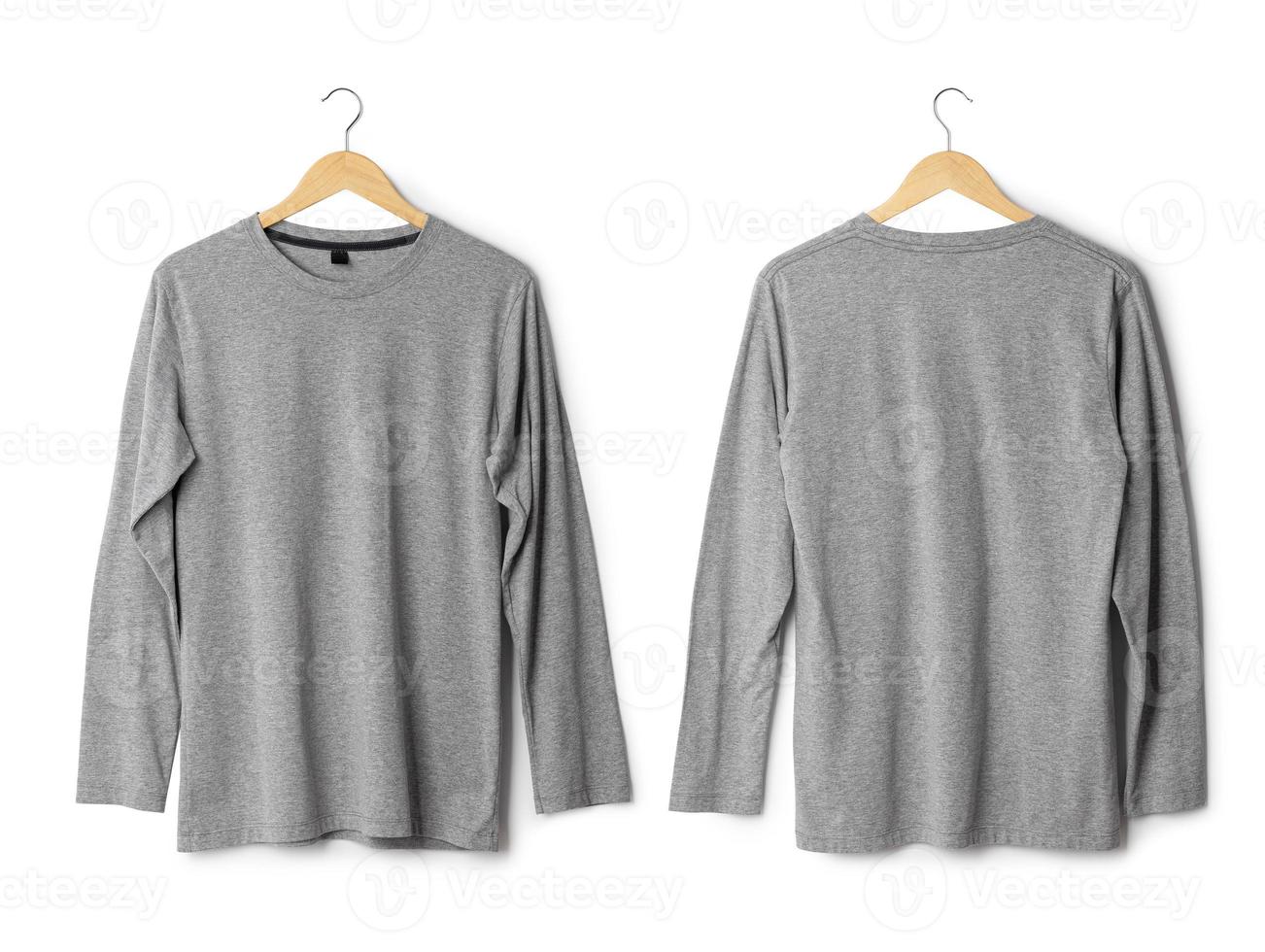 maquete realista de camiseta de manga longa pendurada na frente e vista traseira isolada no fundo branco com traçado de recorte foto