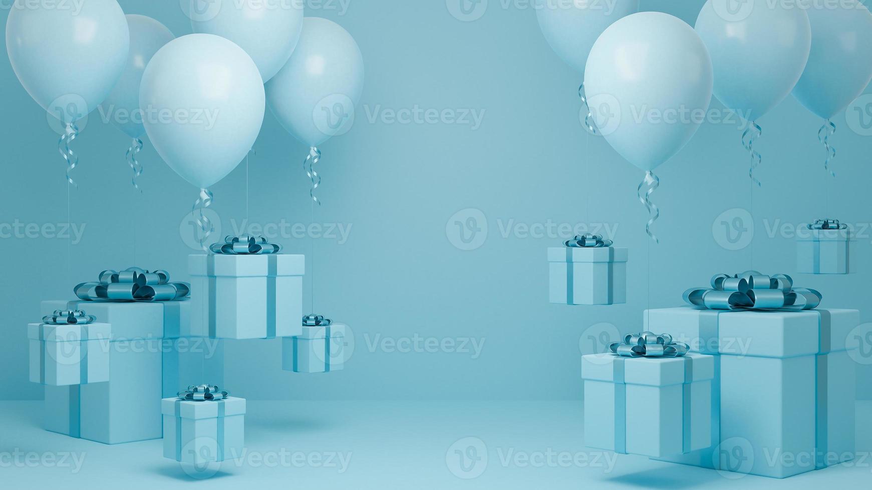muitas caixas de presente voam no ar com balão e fundo pastel de fita azul., natal e feliz ano novo conceito de fundo., modelo 3d e ilustração. foto