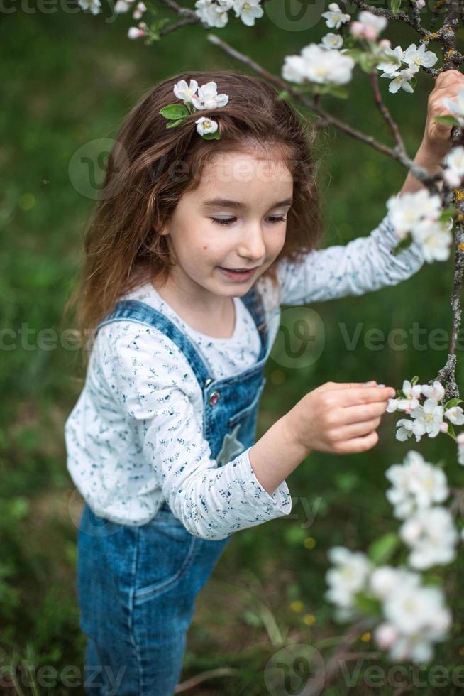 uma menina bonitinha de 5 anos em um pomar de maçãs brancas florescendo na primavera. primavera, pomar, floração, alergia, fragrância primaveril, ternura, cuidado com a natureza. retrato foto