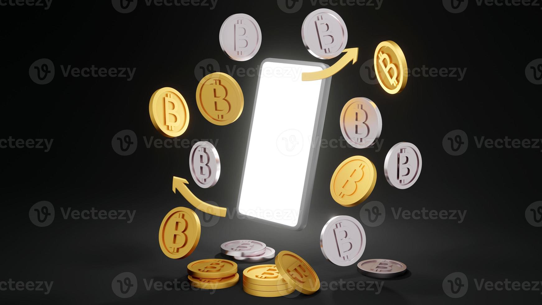 Conceito de renderização 3D de moedas de ouro com b nas moedas que se referem ao bitcoin de criptomoeda e um telefone inteligente para design comercial. renderização 3D. foto
