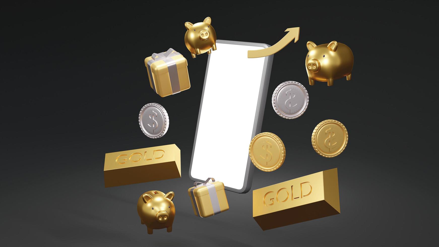 Conceito de renderização 3D de ouro, moedas de ouro, presentes dourados em fundo preto, porquinhos dourados e um telefone inteligente para design comercial. renderização 3D. foto