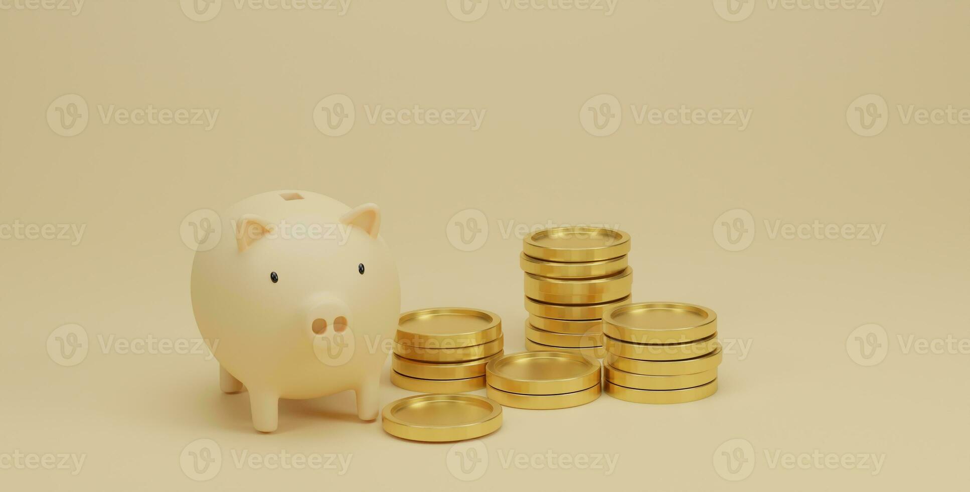 cofrinho e pilha de moedas de ouro sobre fundo amarelo. economizando dinheiro e conceito de planejamento financeiro. renderização 3D. foto